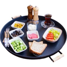 Reoona Galvaniz 51 cm Siyah Ahşap Kulplu Yuvarlak Tepsi