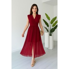 Yeşil Sarmaşık Kadın Vatkalı Şifon Kolsuz Kruvaze Yaka Yırtmaç Detaylı Şık Midi Elbise