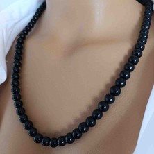 Mga Doğaltaş Siyah Oniks Taşı Kolye 8 mm – Sertifikalı Doğal Taş – 45-55 cm – Hediye Kutulu