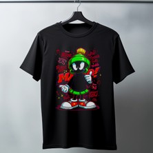 Velmora Fashion Marvin The Martian Graffiti Baskılı Unisex Siyah Tişört - 24/1 Penye Pamuklu