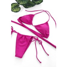 Giyim Kadın Fuşya Yandan Bağlamalı Tangalı Üçgen Bikini Mayo Takımı