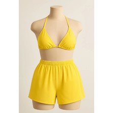 Giyim Kadın Sarı Şortlu Belden ve Boyundan Bağlamalı Bikini Takımı