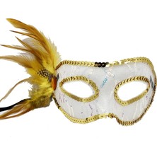 Kyops Altın Renk Yandan Tüylü Pul Payet Işlemeli Parti Maskesi 23X12 cm - Lisinya