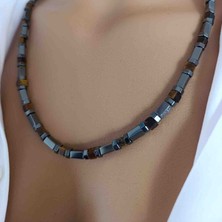 Mga Doğaltaş Hematit Taşı 6 mm & Kaplan Gözü Taşı Kolye – Sertifikalı Doğal Taş – Erkek – 45-55 cm