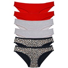 Giyim 6 Adet Likralı Kadın Slip Külot Leopar Kırmızı Gri