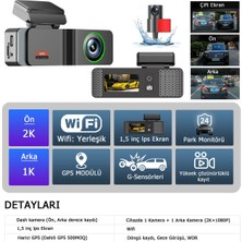 Özgürce 2k Qhd Ön ve 1k Hd Arka Araç Içi Kamera, Gps, Wi-Fi, Gece Görüş, 256GB