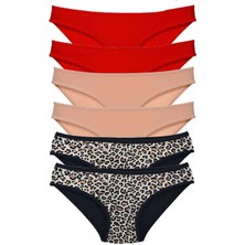 Giyim 6 Adet Likralı Kadın Slip Külot Leopar Kırmızı Ten