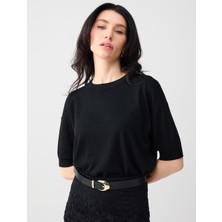 Jimmy Key Siyah Bisiklet Yaka Yün Karışımlı Kısa Kollu Triko Bluz