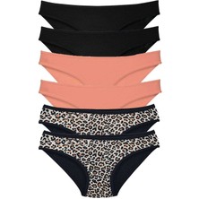 Giyim 6 Adet Likralı Kadın Slip Külot Leopar Siyah Pudra