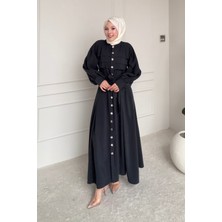 Tesettür Diyarı Liva Tansel Kumaş Önden Düğmeli Kuşaklı Tesettür Elbise- Antrasit