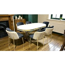6 Kişilik Aura Gold Serisi Beyaz Lake Oval Yemek Masası ve Puff Açıkgri Kumaş Sandalye Takımı Modern ve Şık