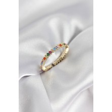 Callerrons Accessories Sıralı Karışık Renkli Gold Renk Zirkon Taşlı Kadın Yüzük - EBJ260214W39522
