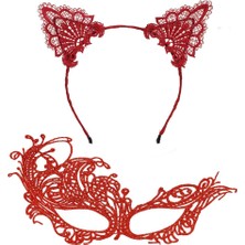 Oyunca  Kırmızı Dantel Maske ve Taç Seti 1 No - Kostüm Seti