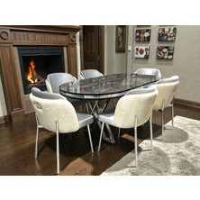 Msy Home 6 Kişilik Aura Krom Serisi İroni Lake Oval Yemek Masası ve Puffy A.gri Sandalye Takımı Modern Yemek Masası Takım