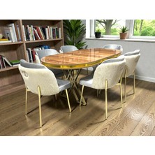 6 Kişilik Aura Gold Serisi Ceviz Lake Oval Yemek Masası ve Puffy Açık Gri Sandalye Takımı Modern