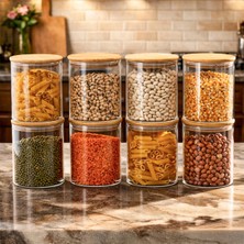 Porsima 4394 8li 800 ml Bambu Vakumlu Kapaklı Cam Kavanoz Seti Saklama Kabı 10X12CM