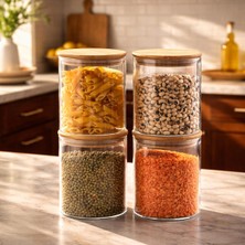 Porsima 4394 4lü 800 ml Bambu Vakumlu Kapaklı Cam Kavanoz Seti Saklama Kabı 10X12CM
