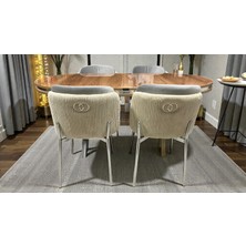 4 Kişilik Aura Krom Serisi Ceviz Lake Oval Yemek Masası ve Puffy Açık Gri Sandalye Takımı Modern