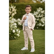 Merdia Kids Erkek Çocuk Flamlı Keten Takım Elbise (Ceket, Gömlek, Papyon ve Ipli Pantolon) Krem