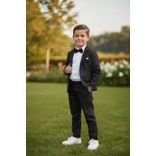 Merdia Kids Erkek Çocuk Flamlı Keten Takım Elbise (Ceket, Gömlek, Papyon ve Ipli Pantolon) Siyah