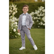 Merdia Kids Erkek Çocuk Flamlı Keten Takım Elbise (Ceket, Gömlek, Papyon ve Ipli Pantolon) Taş Gri