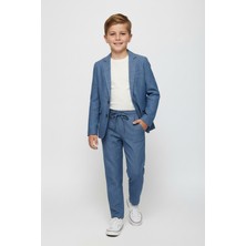Merdia Kids Erkek Çocuk Keten Görünümlü Takım Elbise (Ceket, Tişört ve Beli Lastikli Pantolon) Melanj Mavi