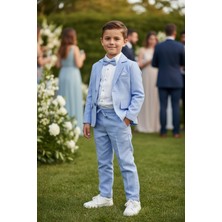 Merdia Kids Erkek Çocuk Flamlı Keten Takım Elbise (Ceket, Gömlek, Papyon ve Ipli Pantolon) Bebe Mavisi
