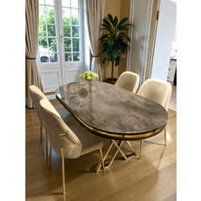 Msy Home 6 Kişilik Ada Gold Serisi Ironi Masa Yönsüz Kumaş Lüks ve Modern Yemek Odası Takımı