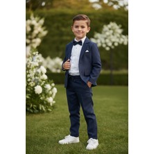 Merdia Kids Erkek Çocuk Flamlı Keten Takım Elbise (Ceket, Gömlek, Papyon ve Ipli Pantolon) Lacivert