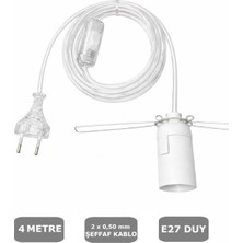 Conana Şeffaf Kablolu E27 Yaylı Beyaz Duylu, 4 Metre Arapuarlı (2x0,50) 65W