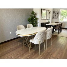 Msy Home 6 Kişilik Ada Gold Serisi Beyaz Masa Yönsüz Kumaş Lüks ve Modern Yemek Odası Takımı