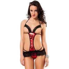 Giyim Siyah Kırmızı Deri ( Lame ) Gecelik - 469