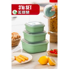 Porsima 5316 Kilitli Sızdırmaz Kapaklı Hava Tahliye Contalı Çok Amaçlı 3lü Kare Erzak Yiyecek Saklama Kabı Seti  Yeşil - 500-900-1500ML