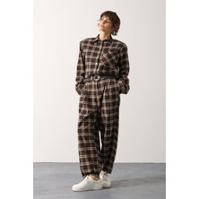 Cemo Kadın Yüksek Bel Ekose Pantolonlu Gömlek Takım