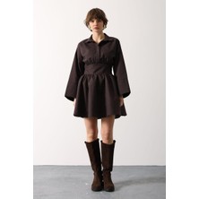 Cemo Kadın Gömlek Yaka Belden Oturtmalı Mini A Kesim ELBISE15