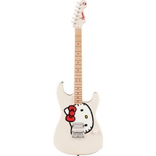Squier 0379102980 Fender x Hello Kitty Stratocaster Elektro Gitar (Beyaz - Akçaağaç Klavye) | Özel Koleksiyon Serisi Hello Kitty Grafikleri Pembe Nokta Işaretçiler ve Gig Bag Dahil