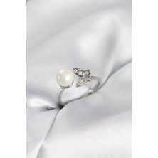 Hkursat Kelebek Incili Model Gümüş Renk Zirkon Taşlı Kadın Yüzük