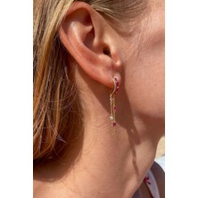 Asteria Jewelry Pembe Baget Taşlı Zincir Detaylı Küpe