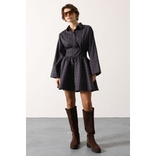 Cemo Kadın Gömlek Yaka Belden Oturtmalı Mini A Kesim ELBISE15