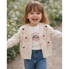 Kız Çocuk Çilek Nakışlı 3'lü Takım - Incili Hırka, Çilek Baskılı Body ve Geniş Paça Jean Pantolon