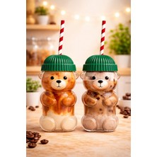 Özkurt Ticaret Ayıcıklı Cam Barista Soğuk Içecek Bardağı 550 ml – Yeşil Kapaklı | Pipet Hediyeli