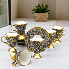 Kosova Züccaciye Kosova Porselen 6’lı Ayaklı Leopar Fincan Takımı – Gri & Gold Detaylı Şık Kahve Seti 90 cc