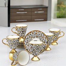 Kosova Züccaciye Kosova Porselen 6’lı Ayaklı Leopar Fincan Takımı – Beyaz & Gold Detaylı Şık Kahve Seti 90 cc