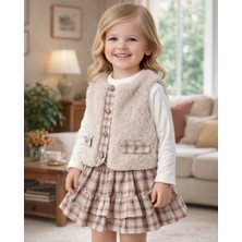 Elisa Kız Çocuk Ekose Etekli ,penyeli,peluş Yelek Takım