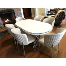 Msy Home  Berya Beyaz Oval Masa Krom Ayak Yönsüz Kumaş Modern ve Şık Yemek Odası Takımı