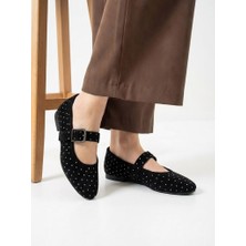 Nstil Kadın Babet Süet Taşlı, Hafif, Sessiz PVC Tabanlı Tokalı Ayakkabı 481 Siyah