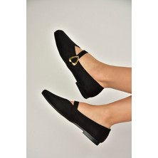 Fox Shoes Y726632602 Siyah Süet Kalp Toka Detaylı Kadın Babet