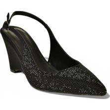 Fox Shoes Y820801204 Siyah Kumaş Taş Detaylı Dolgu Topuklu Kadın Abiye Ayakkabı
