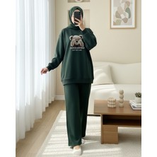 Modamorfo Ayıcık Baskılı Şardonlu 3 İplik Sweat Takım  -Haki