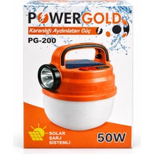 Powergold PG-200 Solar Şarjlı LED Kamp Lambası 50W – Taşınabilir Acil Durum Işığı – Şarjlı Projektör Fener